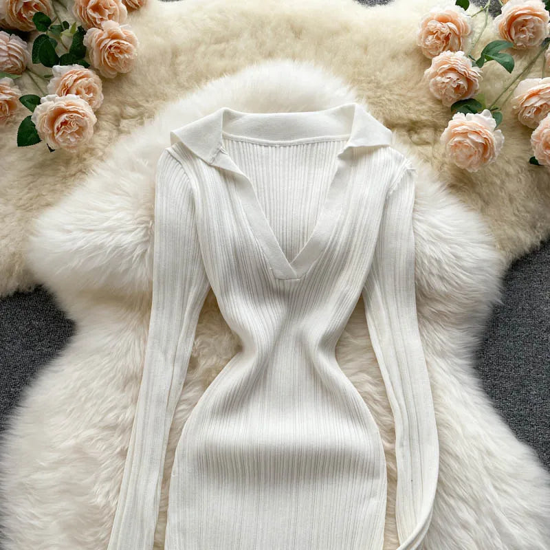 Aiertu  Women Korean Knitted Dress Long Sleeve V Neck Elastic Slim Pencil Dresses Autumn Sexy Bodycon Split Sweater Dress Aiertu
