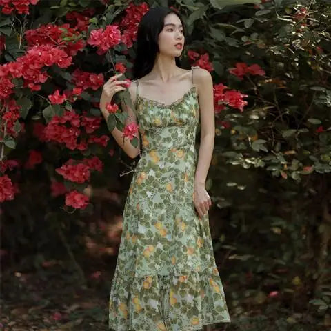 Aiertu Sexy Floral Fairy Dresses Women Summer Elegant Long Evening Vacation Dress Vintage Beach Backless Print Party Strap Dress Aiertu