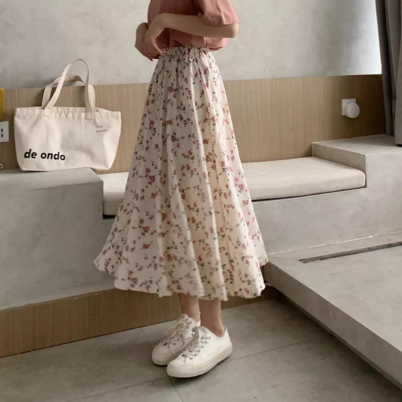 Aiertu Vintage Floral Print A-line Pleated Long Skirts Summer Women Korean Skirt Streetwear Drawstring Elastic Waist Midi Skirt Aiertu