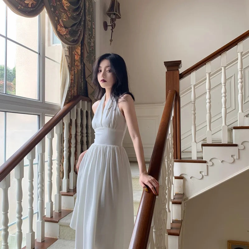 Aiertu White Elegant Halter Dress Women Sexy Backless Korean Party Midi Dress Female Sleeveless V-neck Vintage Dresses for Women Aiertu