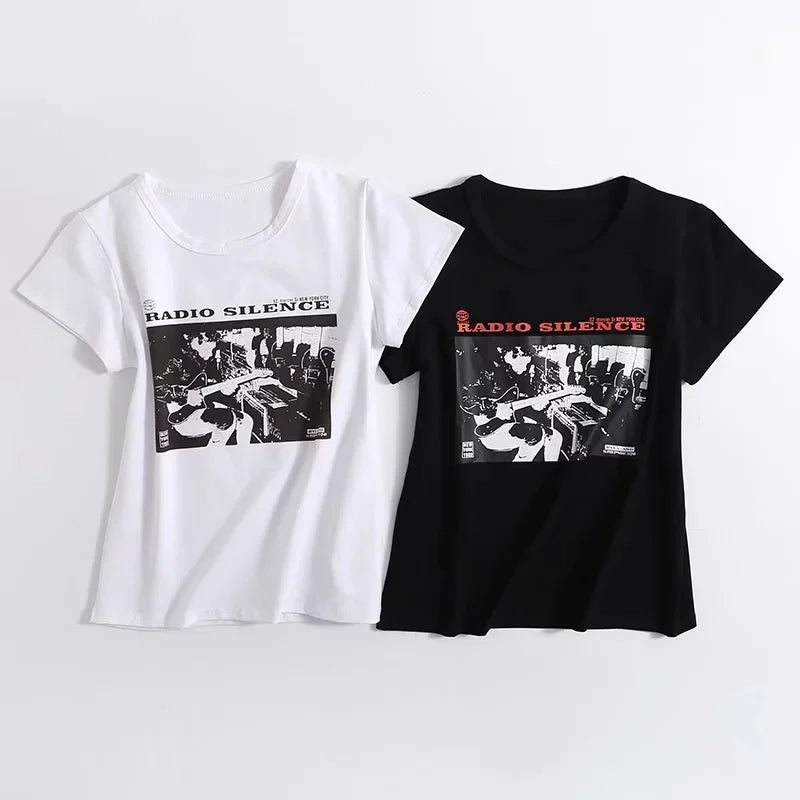 Aiertu Women "Radio Silence" Print Front Short Sleeve T-shirt Crop Top Aiertu
