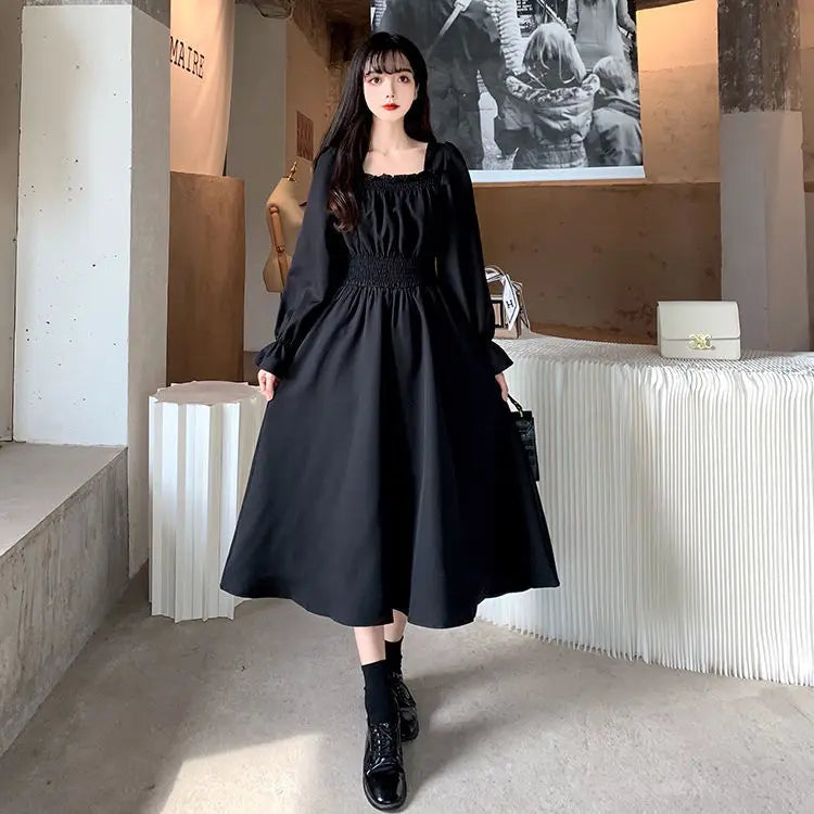 Aiertu Vintage Black Dress Women French Elegant Square Collar Long Sleeve Midi Dress Autumn Ladies Retro Clothes Chic Korean Aiertu
