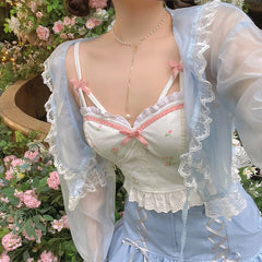 Aiertu White Backless Sexy Beach Sweet Cute Camis Women 2021 Summer Floral Kawaii Halter Tops Lace Print Party Korean Fashion Clothing Aiertu