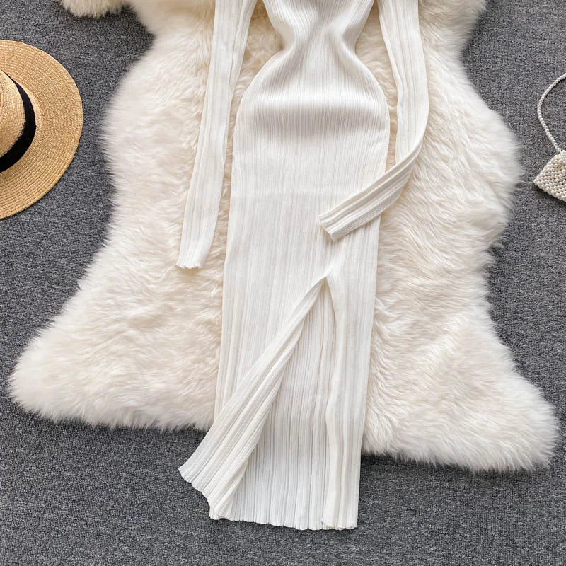 Aiertu  Women Korean Knitted Dress Long Sleeve V Neck Elastic Slim Pencil Dresses Autumn Sexy Bodycon Split Sweater Dress Aiertu
