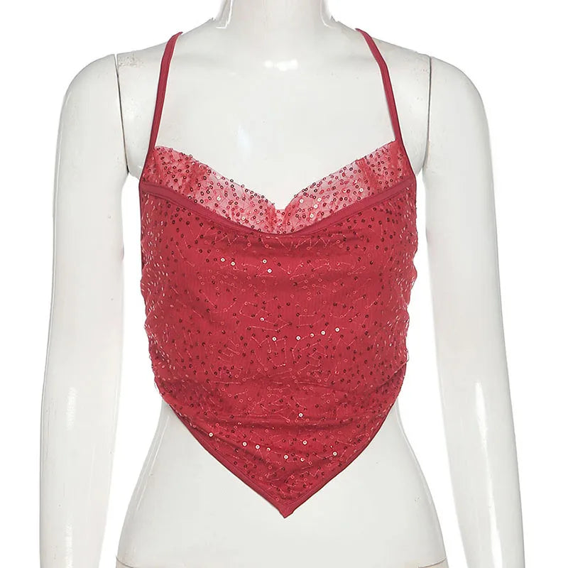 Aiertu  Sleeveless Backless Sexy V-neck Short Tank Top 2021 Summer 90s Women Fashion Glitter Sequin Mesh Patchwork Bandage Cami Top Aiertu