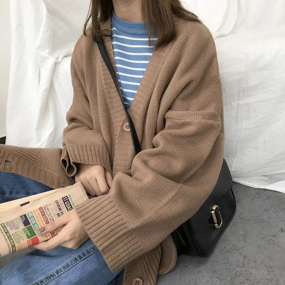 Aiertu Sweaters Women Knitting Cardigans Casual Spring V-Neck Long Sleeve Daily Solid Mujer Clothes Single Breasted Brown College aiertu