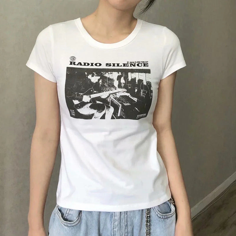 Aiertu Women "Radio Silence" Print Front Short Sleeve T-shirt Crop Top Aiertu