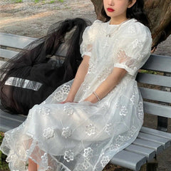 Aiertu Summer Long Fairy Dress Women Sweet Mesh Hollow Out Designer Vintage Dress 2021 Elegant Korean High Waist Party Floral Dress Aiertu