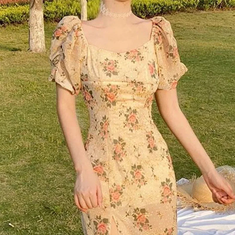 Aiertu 2024 Summer Floral Vintage Dress Women Casual Holiday Split Designer Midi Dress Korean Fashion Slim Party Princess Chiffon Dress Aiertu