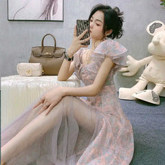Aiertu Vintage Chiffon Midi Dress Women Floral Print Design Korean Party Split Dress Female Summer Evening Beach Boho Dress Casual Aiertu