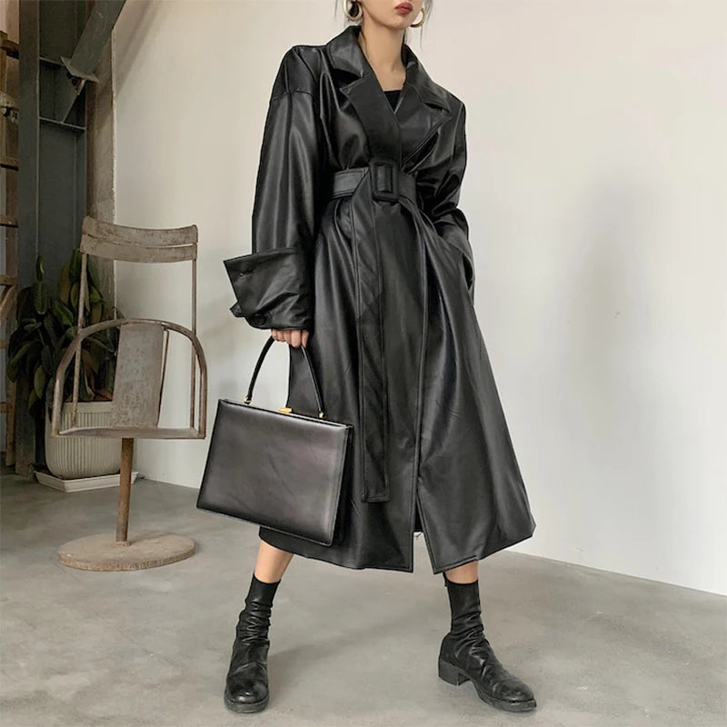 Lautaro Long oversized leather trench coat for women long sleeve lapel loose fit Fall Stylish black women clothing streetwear Aiertu