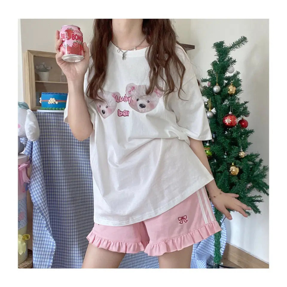 Aiertu Kawaii Streetwear Bow Embroidery Elastic High Waist Wide Letg Shorts Women Summer Lolita Sweet Cute Ruffle Short Femme Aiertu