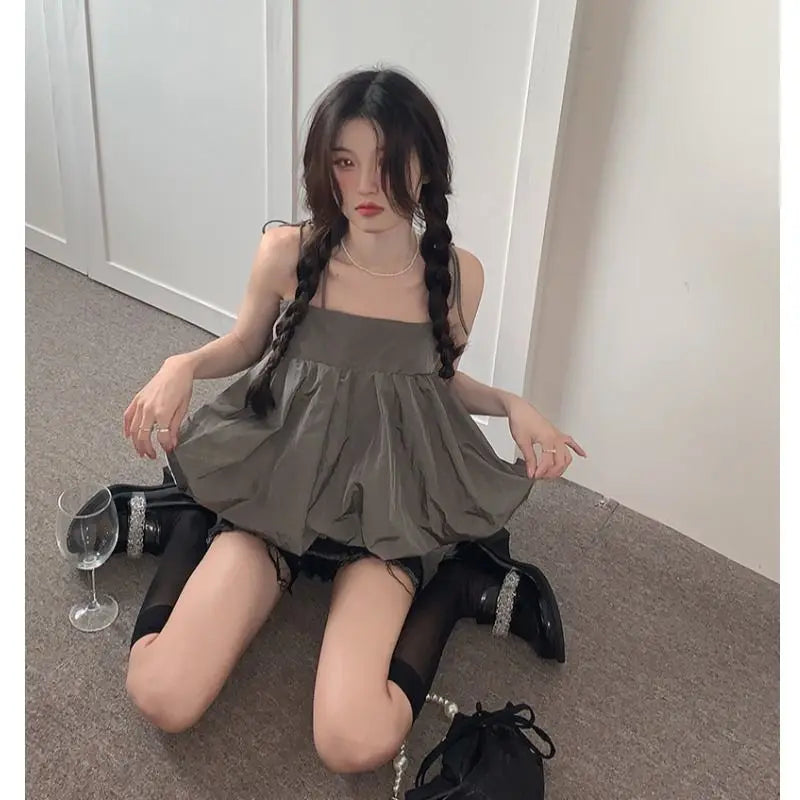 Aiertu Summer Korean Loose Camis Tops Women White Casual Chic French Sexy Blouses Ladies High Street Designer Sweet Party Clothing Aiertu
