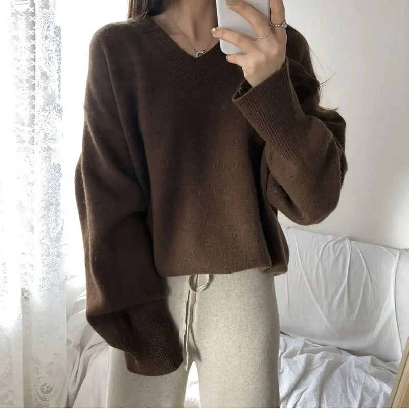 Aiertu FALL OUTFIT Sweater Pullovers Women Spring New Chic Solid V-neck All-match Loose Simple Female Fashion Vintage Elegant Clothing Leisure Soft aiertu