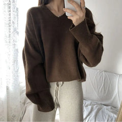 Aiertu FALL OUTFIT Sweater Pullovers Women Spring New Chic Solid V-neck All-match Loose Simple Female Fashion Vintage Elegant Clothing Leisure Soft aiertu