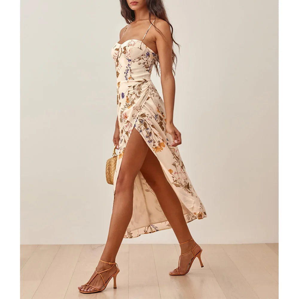 Aiertu Summer Clothes Dresses For Women Elegant Vintage Floral Midi Dress Sweetheart Neck Spaghetti Strap Slit Sexy Party Dress Aiertu