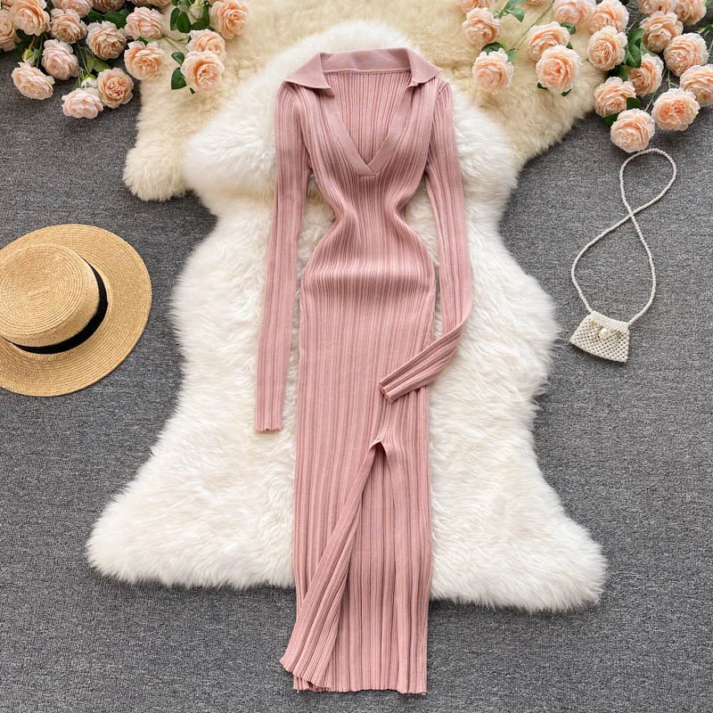 Aiertu  Women Korean Knitted Dress Long Sleeve V Neck Elastic Slim Pencil Dresses Autumn Sexy Bodycon Split Sweater Dress Aiertu