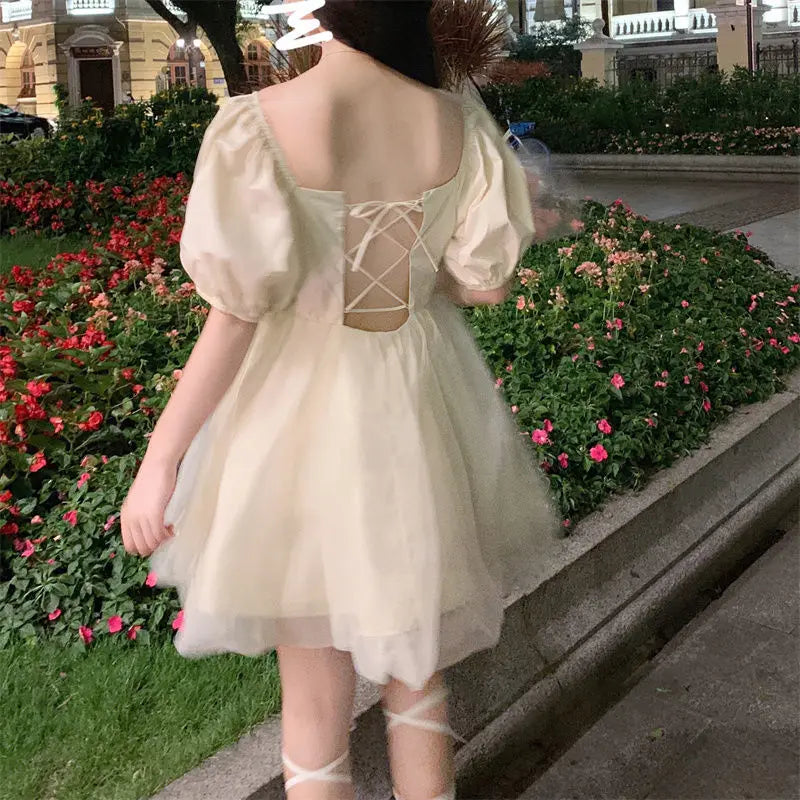 Aiertu Japanese Sweet Gothic Dress Women Black Sexy Backless Party Mini Dress French Patchwork Puff Sleeve Kawaii Fairy Princess Dress Aiertu
