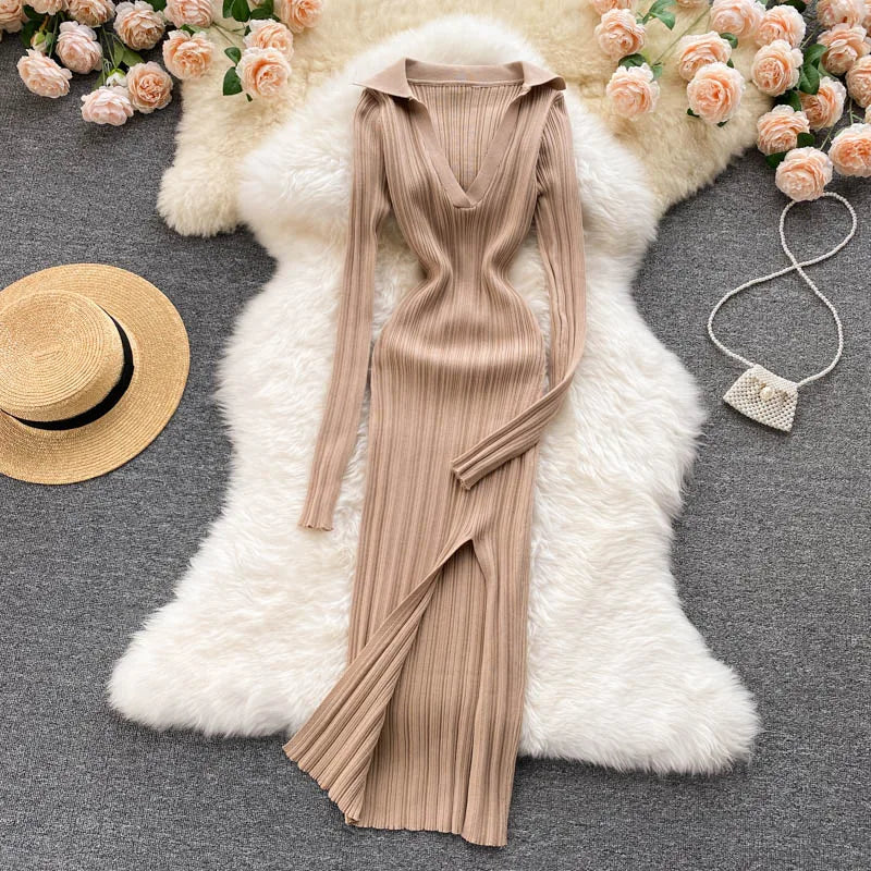 Aiertu  Women Korean Knitted Dress Long Sleeve V Neck Elastic Slim Pencil Dresses Autumn Sexy Bodycon Split Sweater Dress Aiertu
