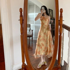 Aiertu French Vintage Dress Women Elegant Backless Floral Halter Neck Midi Dress Summer Chiffon Holiday Beach Dresses for Women Aiertu