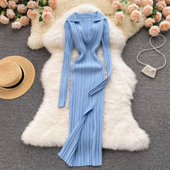 Aiertu  Women Korean Knitted Dress Long Sleeve V Neck Elastic Slim Pencil Dresses Autumn Sexy Bodycon Split Sweater Dress Aiertu