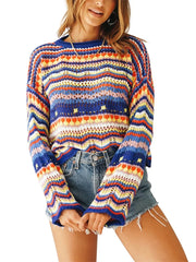 Aiertu Women Round Neck Loose Sweaters, Bohemian Long Sleeve Crochet Knit Pullover Tops Aiertu