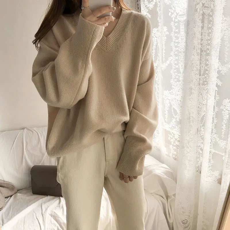 Aiertu FALL OUTFIT Sweater Pullovers Women Spring New Chic Solid V-neck All-match Loose Simple Female Fashion Vintage Elegant Clothing Leisure Soft aiertu