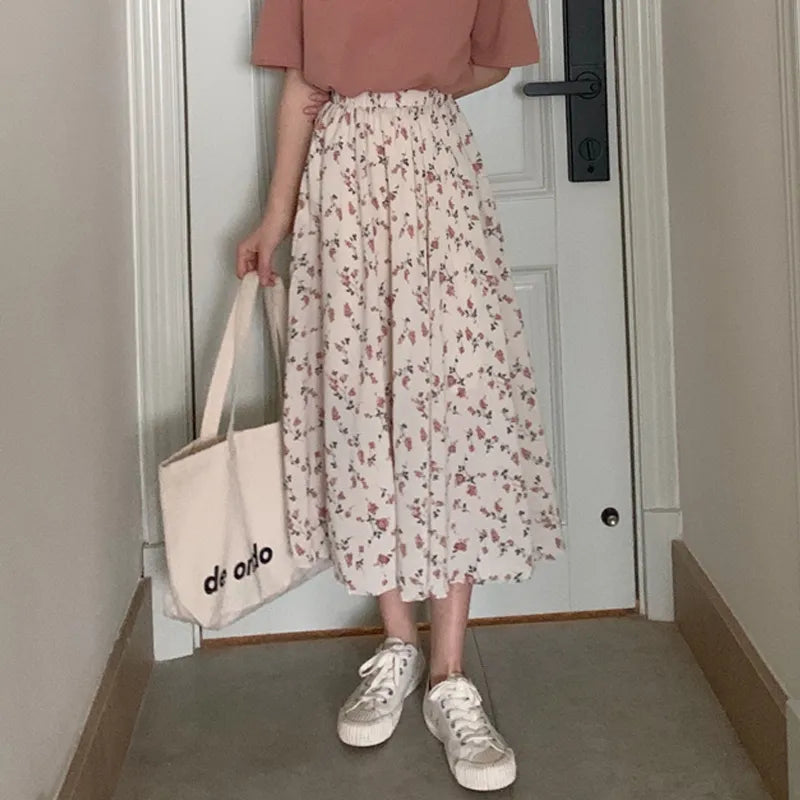 Aiertu Vintage Floral Print A-line Pleated Long Skirts Summer Women Korean Skirt Streetwear Drawstring Elastic Waist Midi Skirt Aiertu