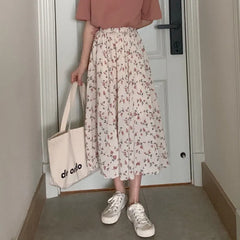 Aiertu Vintage Floral Print A-line Pleated Long Skirts Summer Women Korean Skirt Streetwear Drawstring Elastic Waist Midi Skirt Aiertu