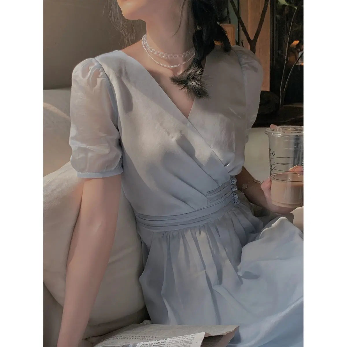 Aiertu Elegant Fairy Midi Dress Women French Princess V-neck Korean Party Dress Female Summer One-piece Dress Office Lady Causal Aiertu