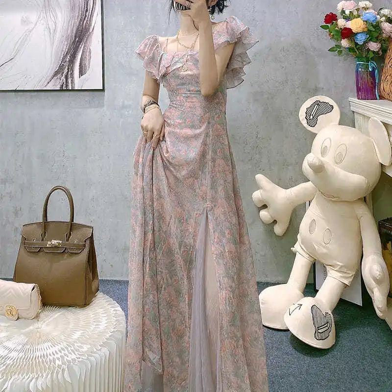 Aiertu Vintage Chiffon Midi Dress Women Floral Print Design Korean Party Split Dress Female Summer Evening Beach Boho Dress Casual Aiertu