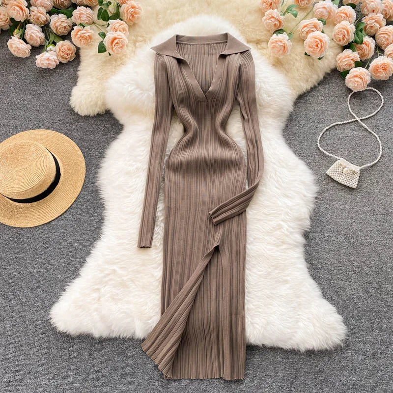 Aiertu  Women Korean Knitted Dress Long Sleeve V Neck Elastic Slim Pencil Dresses Autumn Sexy Bodycon Split Sweater Dress Aiertu