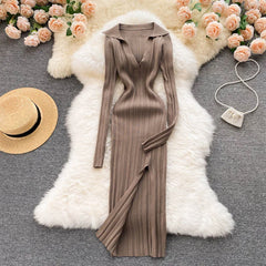 Aiertu  Women Korean Knitted Dress Long Sleeve V Neck Elastic Slim Pencil Dresses Autumn Sexy Bodycon Split Sweater Dress Aiertu