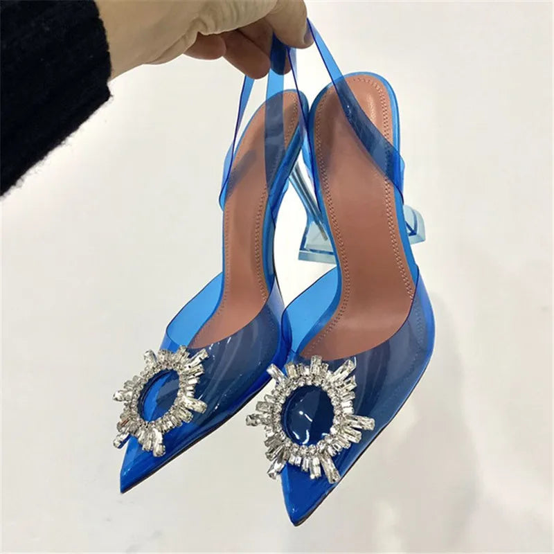 Aiertu Star style Green Blue Soft PVC Women Sandals Fashion Crystal Heeled Slingbacks Summer Shoes High heels Wedding Bride Shoes Aiertu