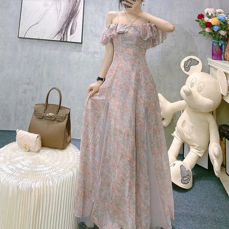 Aiertu Vintage Chiffon Midi Dress Women Floral Print Design Korean Party Split Dress Female Summer Evening Beach Boho Dress Casual Aiertu