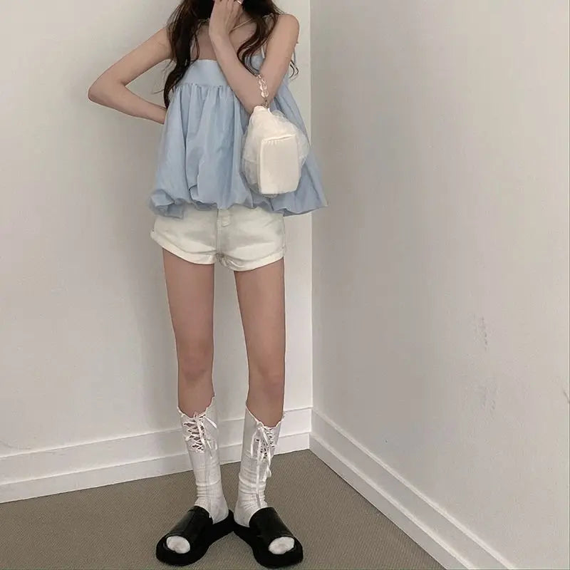 Aiertu Summer Korean Loose Camis Tops Women White Casual Chic French Sexy Blouses Ladies High Street Designer Sweet Party Clothing Aiertu