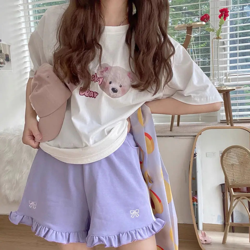 Aiertu Kawaii Streetwear Bow Embroidery Elastic High Waist Wide Letg Shorts Women Summer Lolita Sweet Cute Ruffle Short Femme Aiertu