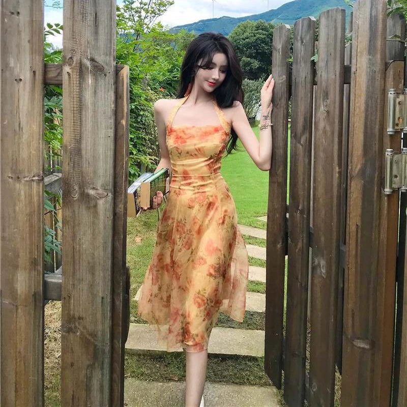 Aiertu French Vintage Dress Women Elegant Backless Floral Halter Neck Midi Dress Summer Chiffon Holiday Beach Dresses for Women Aiertu