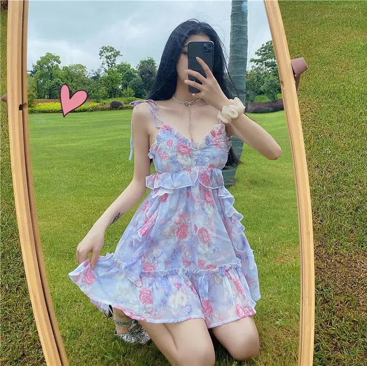 Aiertu Spaghetti Strap Dress Women Ruffles Sexy Japanese Sweet Princess Dress Female Beach Holiday Floral Mini Boho Dress 2024 Summer Aiertu