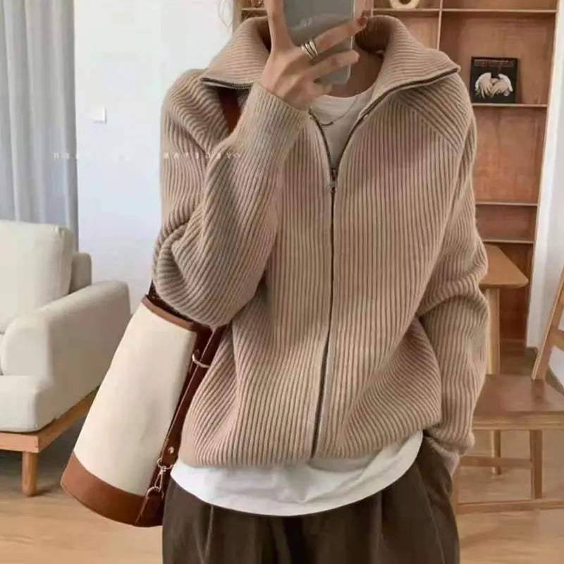 Aiertu Sweater Cardigan Women Spring New Solid Vintage All-match Elegant Zipper Loose Daily Soft Sweet Simple Casual Knitwear Chic Teen aiertu