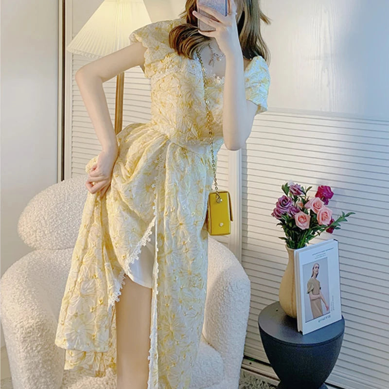 Aiertu Lace Vintage Fairy Dress Women Yellow Floral Print French Sweet Dress 2021 Summer Holiday Party Long Split Dress Female Korean Aiertu