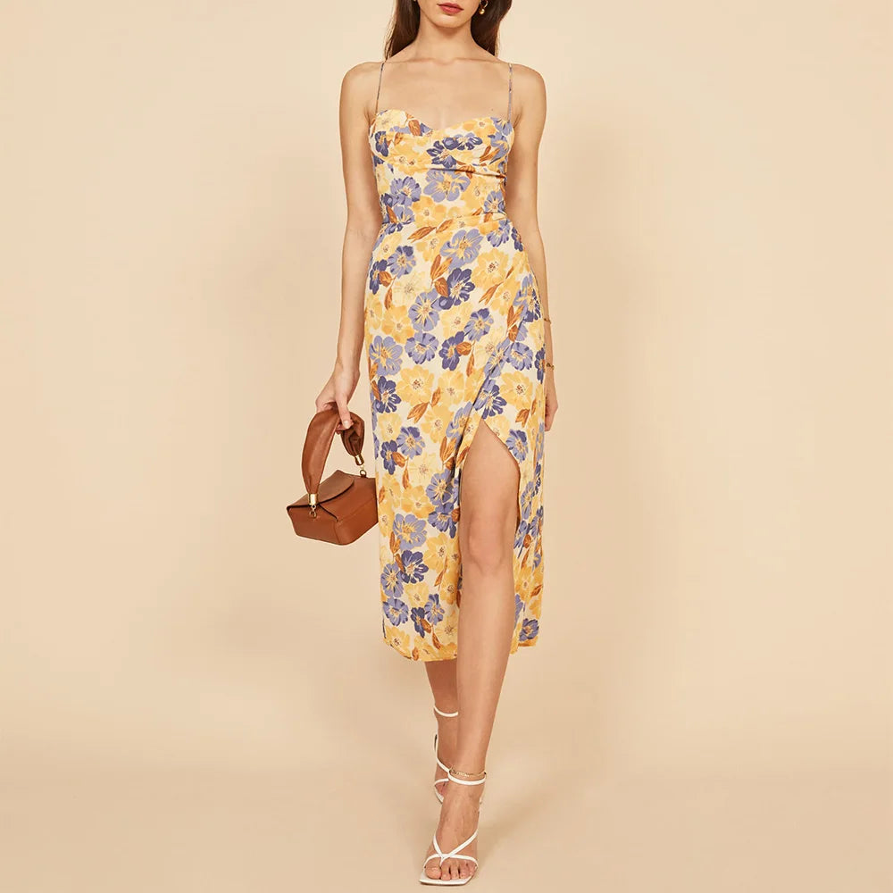 Aiertu Summer Clothes Dresses For Women Elegant Vintage Floral Midi Dress Sweetheart Neck Spaghetti Strap Slit Sexy Party Dress Aiertu