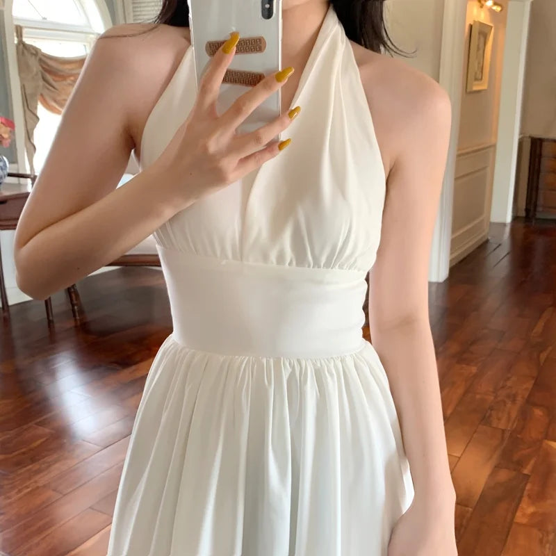 Aiertu White Elegant Halter Dress Women Sexy Backless Korean Party Midi Dress Female Sleeveless V-neck Vintage Dresses for Women Aiertu