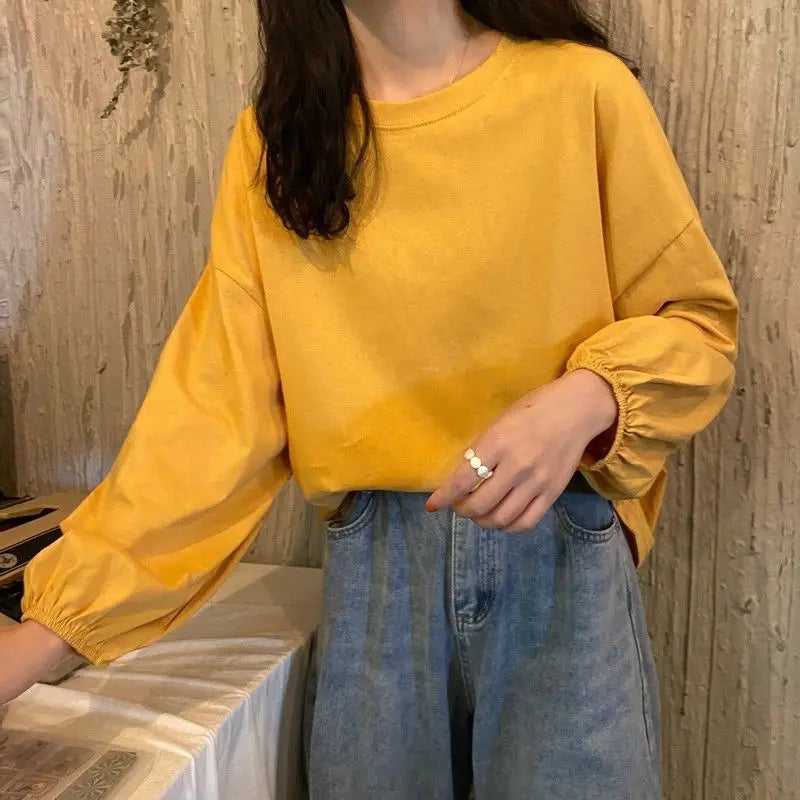 Aiertu Pure Cotton Tops Autumn Korean Lantern Puff Sleeve T-shirt Aesthetic Women's T Shirts Winter Woman Tshirts Clothing Long aiertu