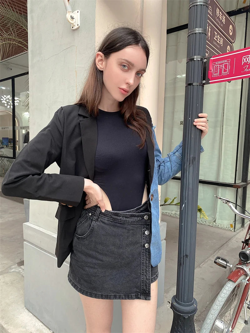 Aiertu Women Vintage Fashion Blazer Denim Patchwork Jackets Autumn Winter Irregular Coat Women Long Sleeve Loose Korean Outerwear Aiertu