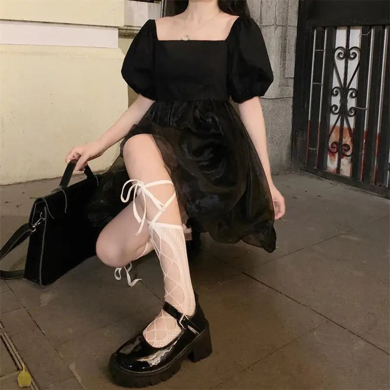 Aiertu Japanese Sweet Gothic Dress Women Black Sexy Backless Party Mini Dress French Patchwork Puff Sleeve Kawaii Fairy Princess Dress Aiertu