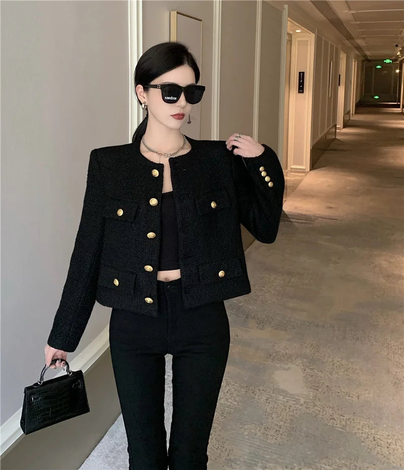 Aiertu Fall Winter French Vintage Small Fragrant Tweed Jacket Coat Women Elegant Casual Woolen Short Coats Streetwear Outwear Crop Top Aiertu