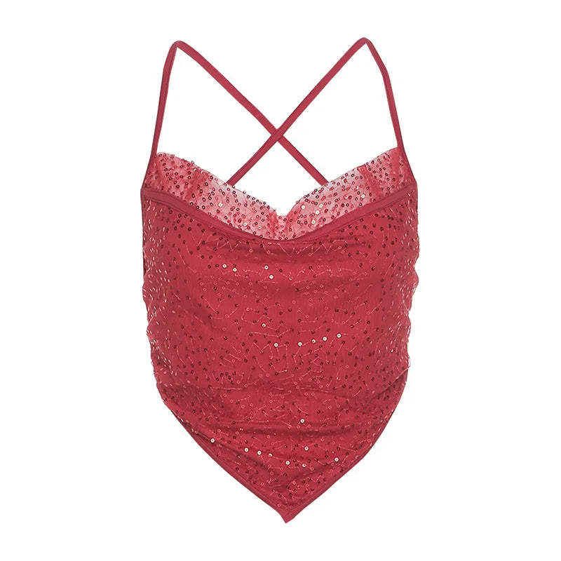 Aiertu  Sleeveless Backless Sexy V-neck Short Tank Top 2021 Summer 90s Women Fashion Glitter Sequin Mesh Patchwork Bandage Cami Top Aiertu