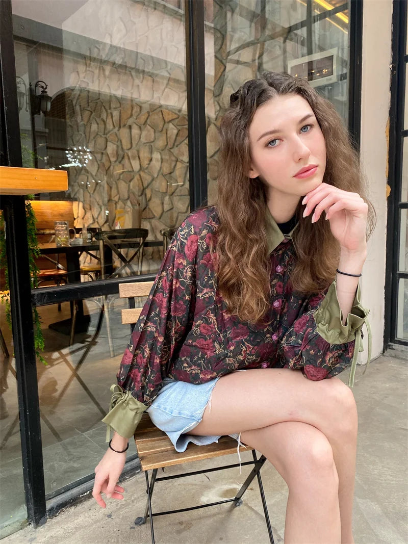 Aiertu Autumn Vintage Style Floral Printing Loose Women's Blouse Shirt Korean Casual Long Sleeve Ladies Button Blouses Female Tops Aiertu