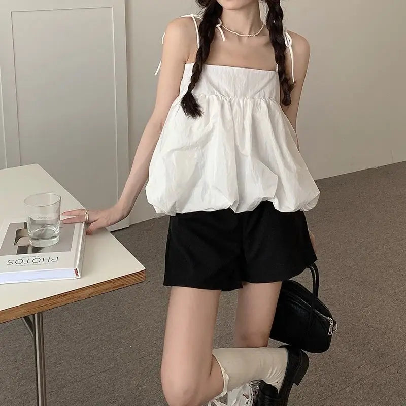 Aiertu Summer Korean Loose Camis Tops Women White Casual Chic French Sexy Blouses Ladies High Street Designer Sweet Party Clothing Aiertu